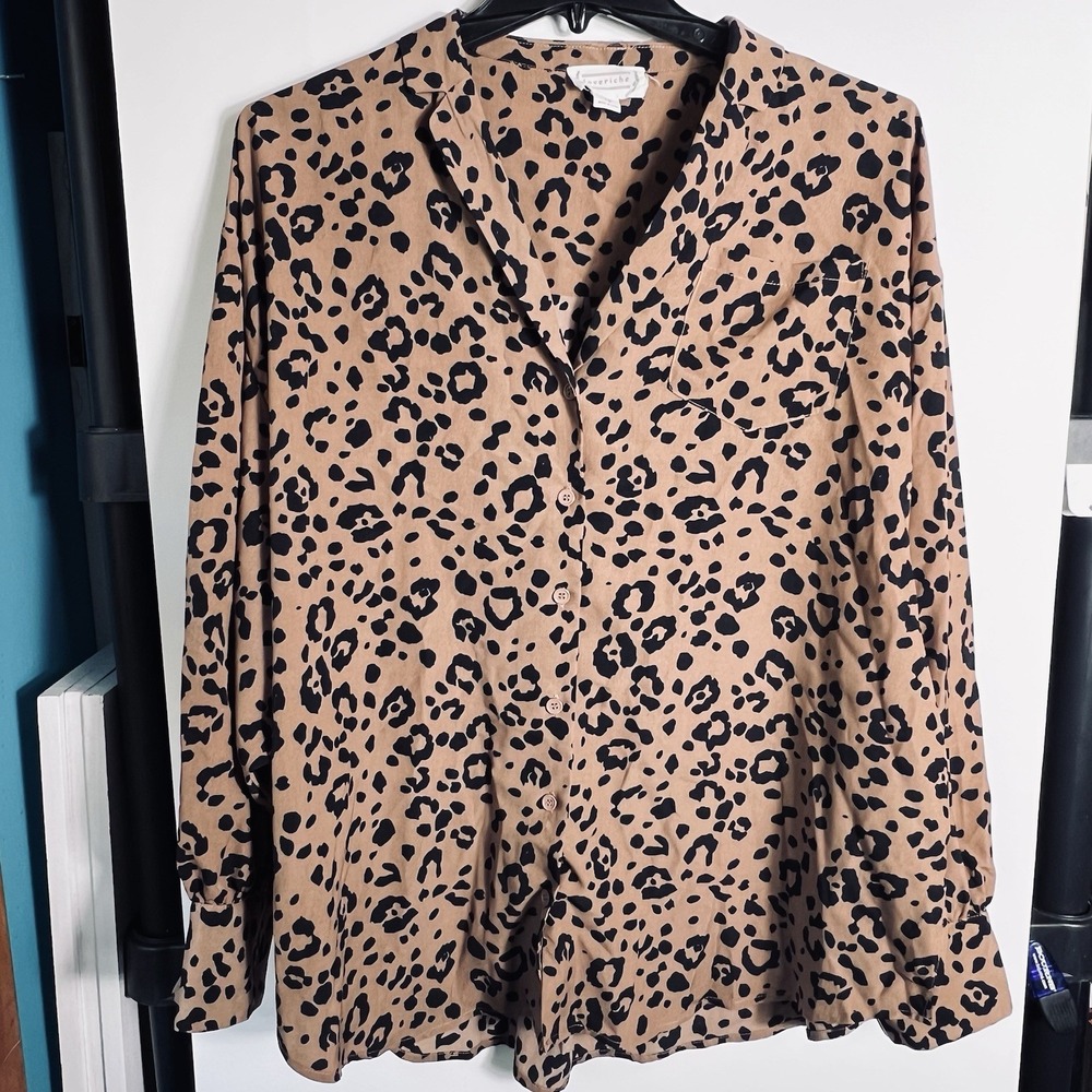 Loveriche Womens 1X Leopard Print Button Front Blouse Long Sleeve Top **Read**